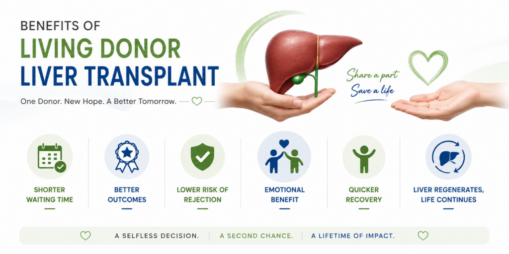 Benefits of Living Donor Liver Transplant including shorter waiting time, better outcomes, faster recovery, and liver regeneration